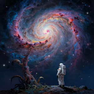 A lone astronaut, dwarfed by a colossal, bioluminescent flower.jpg