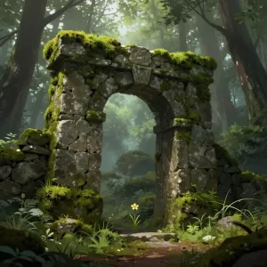An ancient, moss-covered stone archway stands in a misty forest.webp