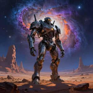 A lone, colossal robot stands on a desolate, alien planet, gazing at a nebula-filled sky.jpg