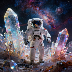 A lone astronaut adrift in a cosmic ocean, surrounded by colossal, luminous crystals.jpg