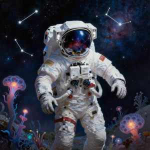 An astronaut adrift in a cosmic ocean, surrounded by bioluminescent flora and fauna.jpg