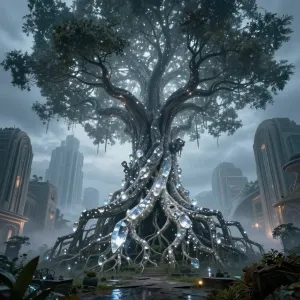 A colossal, ancient tree with roots made of interwoven, glowing crystals.webp
