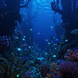 A vibrant, bioluminescent jungle at the bottom of the ocean.webp