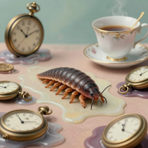 A microscopic tardigrade navigating through a surreal landscape.jpg