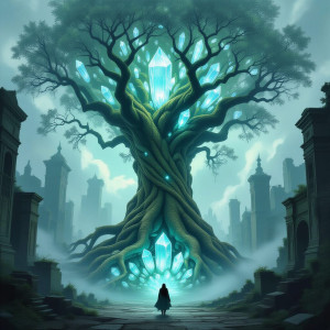 A colossal, ancient tree with roots made of crystals.jpg