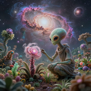 A solitary alien botanist meticulously tends to an exotic garden.jpg