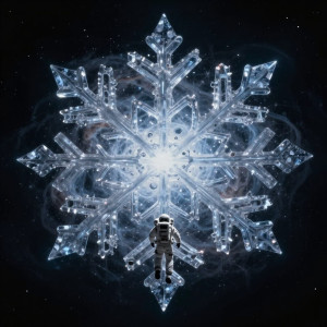 A lone astronaut floats in the void of deep space, gazing at a colossal, living snowflake.jpg