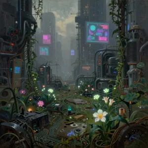 A hidden cybernetic garden nestled within a colossal, decaying megacity.webp
