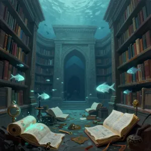 An ancient library submerged beneath a calm, alien ocean.webp