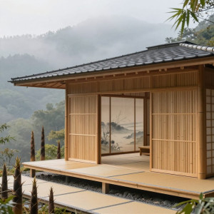 A serene Japanese tea house constructed entirely from polished bamboo.jpg