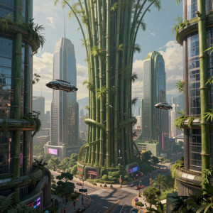 A futuristic cityscape where towering skyscrapers are interwoven with colossal, living bamboo stalks.jpg