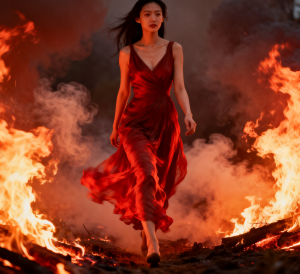 Beautiful woman walks through roaring wildfire - РО3.png