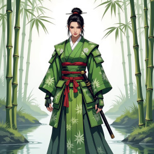 A character whose clothing and armor are intricately designed to mimic the segmented structure and green hues of bamboo.jpg