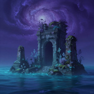 A colossal, ancient ruin partially submerged in a bioluminescent ocean.jpg