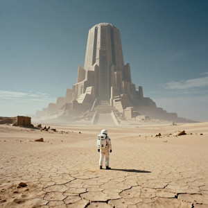 A lone astronaut standing on the edge of a vast, cracked desert.jpg