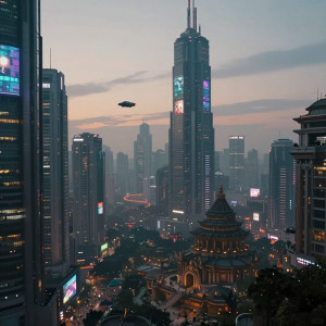 A bustling, futuristic metropolis at twilight.jpg