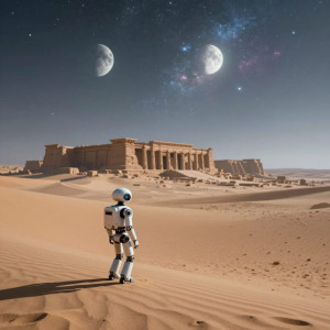 A lone explorer robot stands on the edge of a vast, alien desert,.jpg
