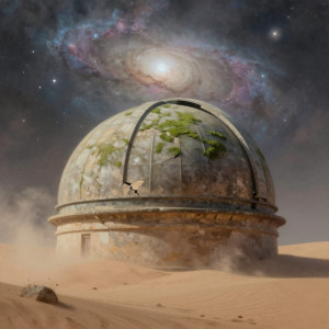 An ancient, moss-covered observatory dome, half-buried in desert sands.jpg