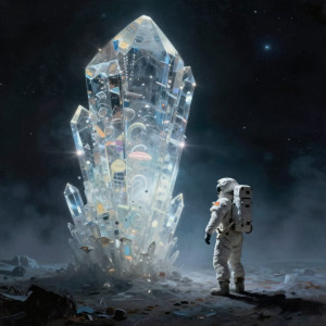 A lone astronaut adrift in the void, gazing at a colossal, crystalline structure.jpg