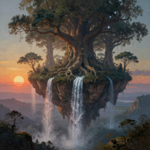 A surreal landscape where colossal, ancient trees grow from floating islands.jpg