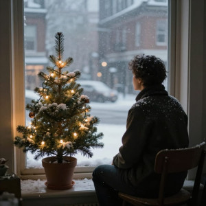 A solitary figure sits by a window, looking out at a city street blanketed in snow.jpg