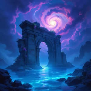 A colossal, ancient ruin partially submerged in a bioluminescent ocean - Н11.jpg