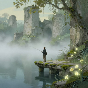 A lone fisherman stands on a moss-covered, ancient stone pier.jpg