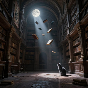 An abandoned, ornate library where books float gently in the air.jpg
