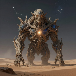 A colossal golem, formed from petrified trees and ancient constellations.jpg