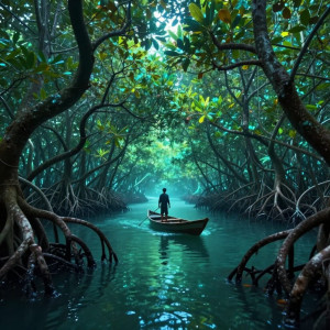 A solitary fisherman navigates a boat through a bioluminescent mangrove forest.jpg