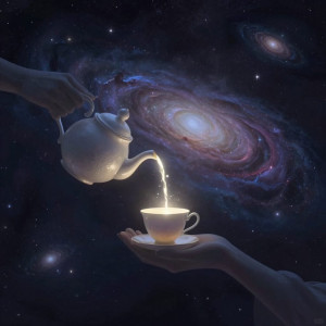 A whimsical, sentient teapot pours a stream of starlight into a teacup.jpg