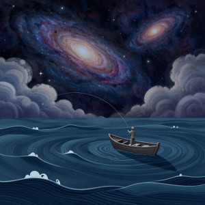 A lone fisherman, casting his line into a swirling cosmic ocean.jpg