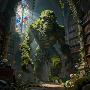 A colossal, moss-covered golem stands guard at the entrance to an ancient, overgrown library.jpg