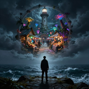 A lone lighthouse keeper, silhouetted against a stormy sea.jpg