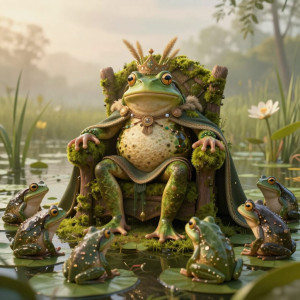 A regal frog king, adorned with a crown of reeds and a flowing cape of lily pads.jpg