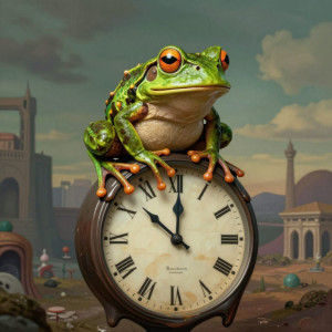 A hyperrealistic frog perched on a giant, melting Dali-esque clock.jpg