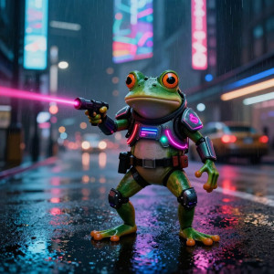 A cyberpunk-styled frog, clad in miniature neon-lit armor.jpg