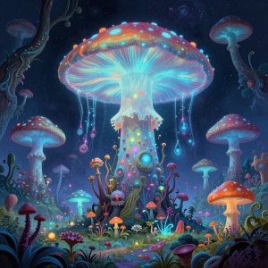 A colossal, bioluminescent mushroom forest on an alien planet.jpg