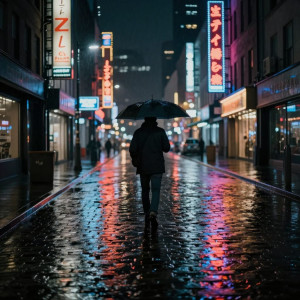 A lone figure with an umbrella stands on a rain-slicked cobblestone street.jpg