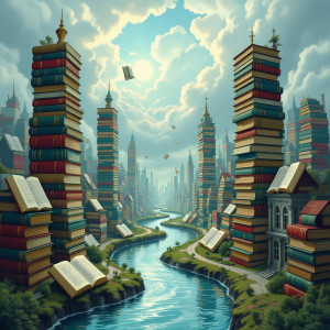 A surreal, dreamlike cityscape where buildings are constructed from giant, intertwined books.jpg