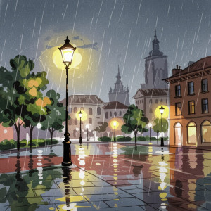 A solitary streetlamp casts a pool of warm light onto a deserted urban plaza.jpg