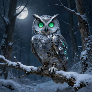 A clockwork owl with glowing emerald eyes.jpg
