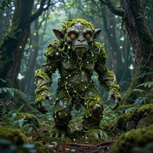 An ancient golem crafted from moss-covered stones and entwined with glowing vines.jpg