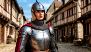 Joan of Arc in full armor in medieval city.jpg