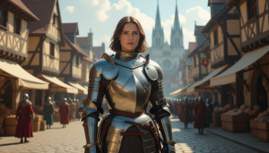Joan of Arc in full armor in medieval city - Н11.jpg
