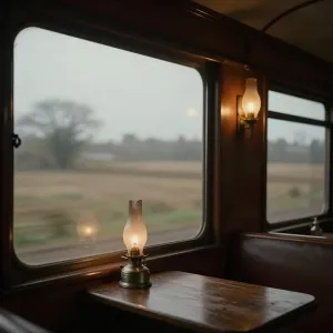 A vintage train carriage interior, dimly lit by a single flickering gas lamp.webp
