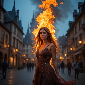 Beautiful woman engulfed in roaring flame in medieval city square - PL1.png