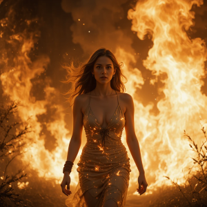 Beautiful woman engulfed in roaring flame walks through raging wildfire.png