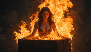Beautiful woman engulfed in roaring flame, sits inside burning box.png