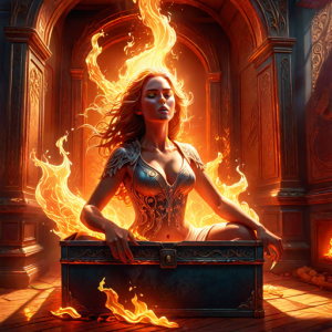 Beautiful woman engulfed in roaring flame, sits inside burning box - Н2.png